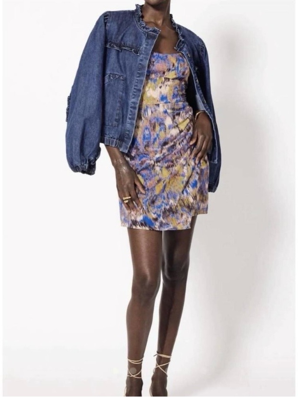 CLEOBELLA Paxton Denim Jacket Small Ruffle Boho Chic Minimalist Blue
